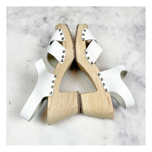MIA Gertrude White Leather Cross Strap Peep Toe Clog Sandals Wood Heel Sz 39 - Picture 7 of 10